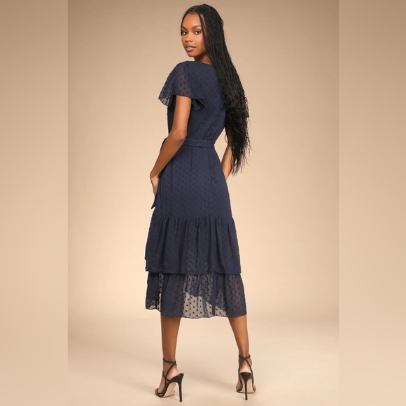 Have Harmony Navy Blue Swiss Dot Ruffled Faux Wrap Midi Dress - Picture 3 of 5